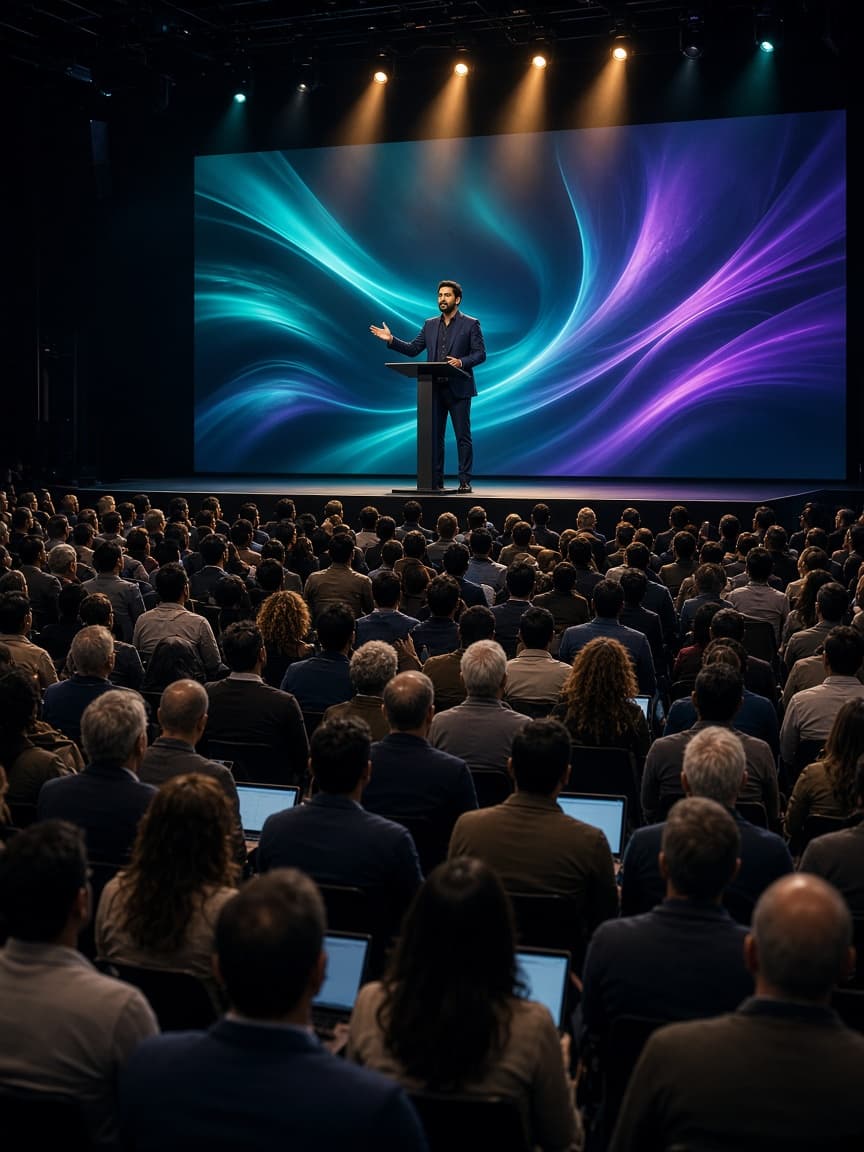 Male keynote speaker on stage addressing a packed conference audience