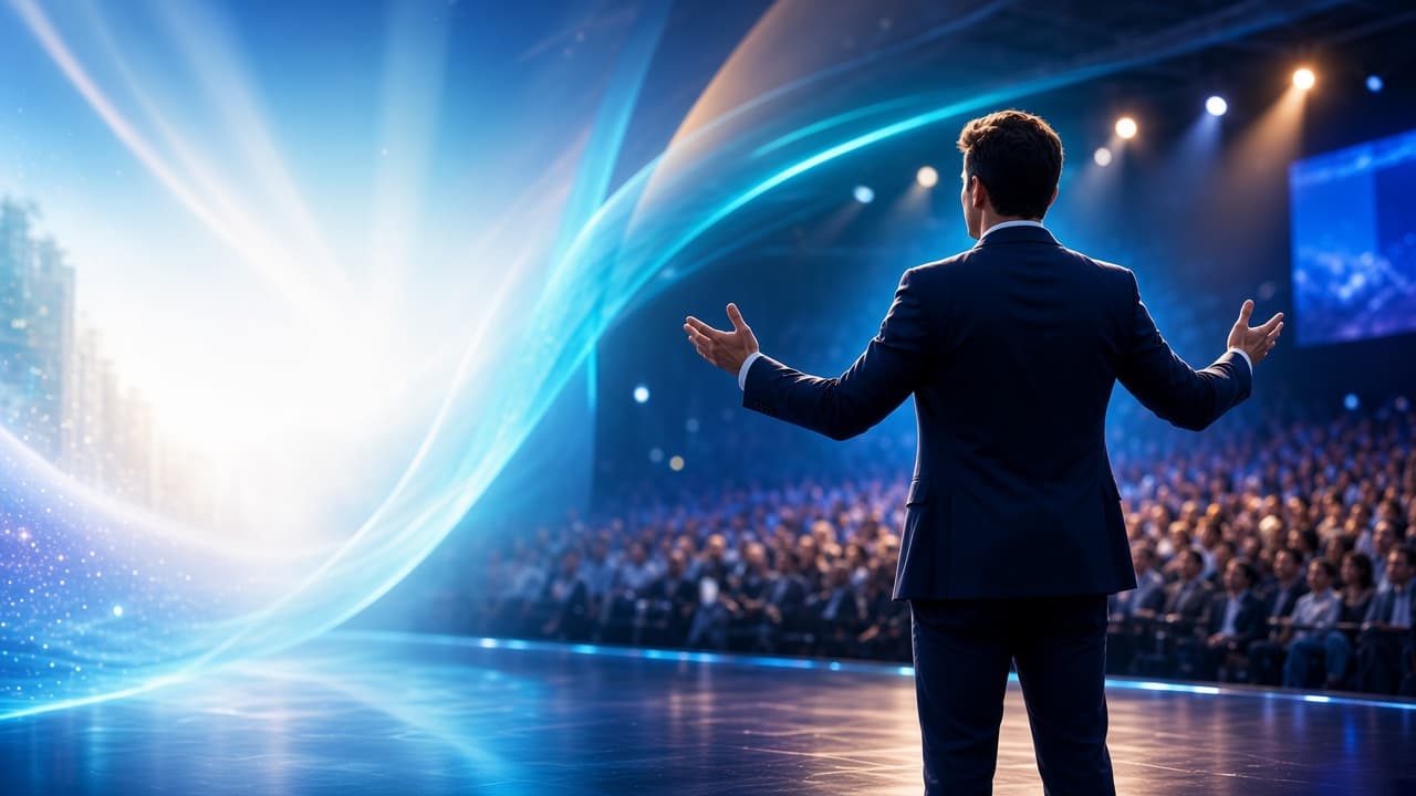 Professional speaker on a conference stage addressing a packed audience